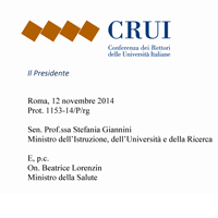 L'intestazione della lettera del Presidente Paleari ai Ministri Giannini e Lorenzin